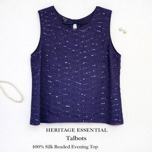 Talbots 100% Silk Beaded Sequin Evening Tank Top Purple Keyhole Back 12